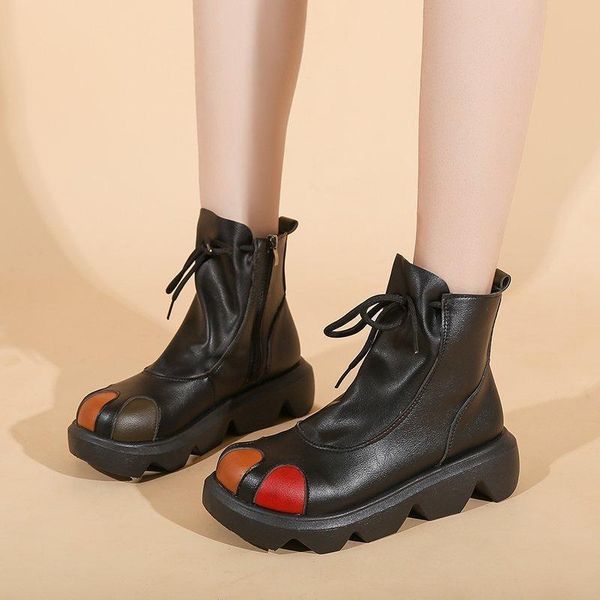 boots rimocy pu leather lace up women's ankle waterproof fashion mixed colors winter shoes woman platform snow female, Black
